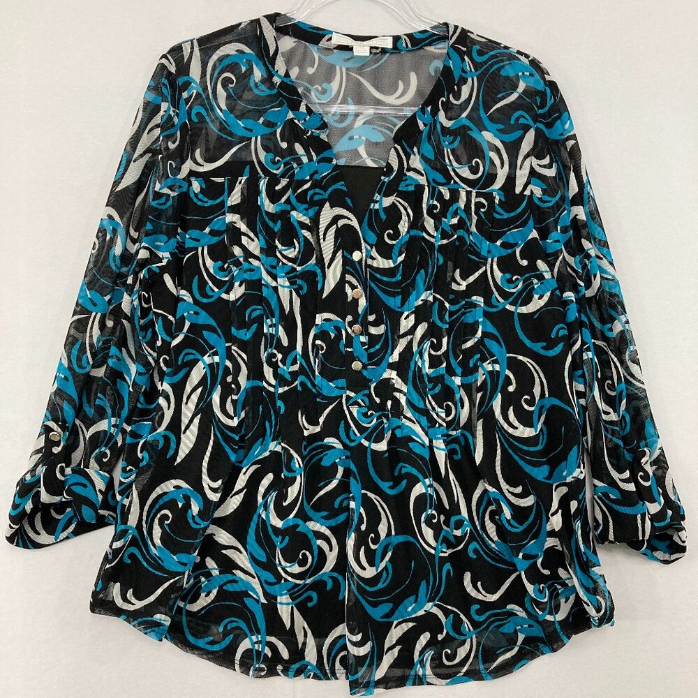 Juniper‎ + Lime size XL Petite Blouse Black Blue Abstract Pintuck Mesh Stretch